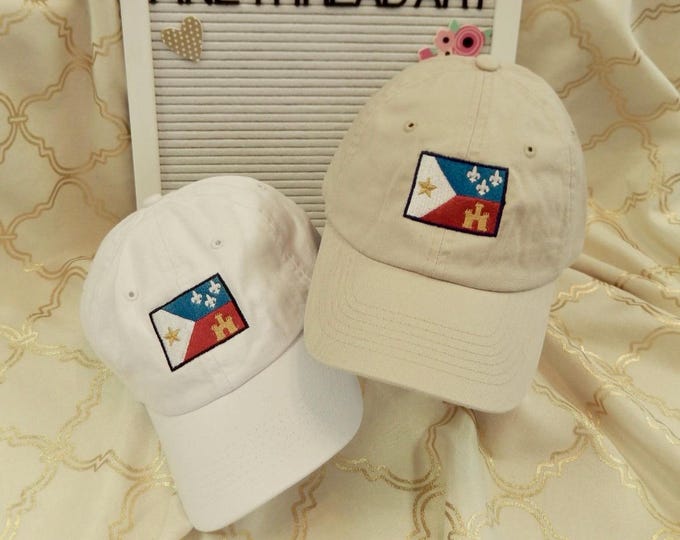 Adult Unisex Acadian Flag Hat embroidered Baseball Cap Hat LEATHER strap Pigment Dyed Lafayette Louisiana Fleur De Lis Cajun