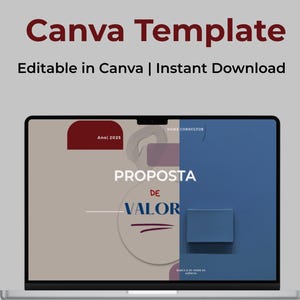 Pode incluir: Um laptop exibe um modelo Canva imobiliário. A tela mostra uma proposta com o texto "PROPOSTA DE VALOR". O modelo é editável e disponível para download instantâneo.