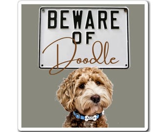 Könnte beinhalten: Aufkleber mit einem braunen und weißen Doodle-Hund mit blauem Halsband und Namensschild "Annie". Über dem Hund befindet sich ein Schild mit der Aufschrift "BEWARE OF Doodle".