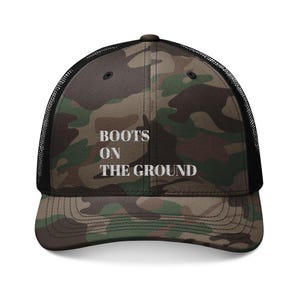 Embroidered Camouflage Trucker Hat, Military Style Cap, Camo Print Baseball Cap, Adjustable Army Hat, Boots on the Ground Design