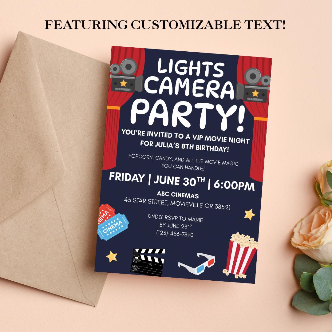 Movie Night Birthday Invitation | Editable Canva Template | Lights ...