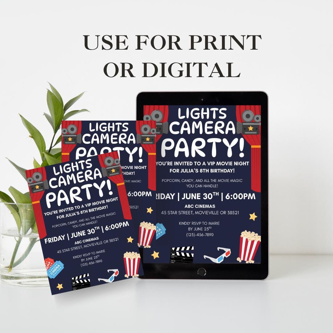 Movie Night Birthday Invitation | Editable Canva Template | Lights ...