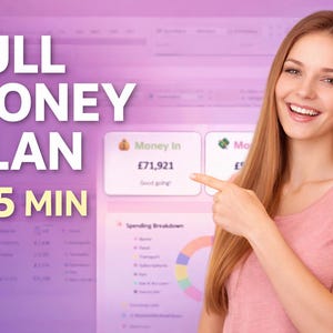 Op de afbeelding: Een vrouw wijst naar een financieel dashboard met de tekst "Money In £71,921". Het scherm toont een grafiek "Spending Breakdown". De woorden "FULL MONEY PLAN IN 5 MIN" staan in grote witte letters.