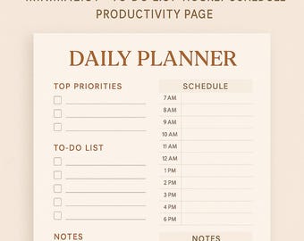 Peut inclure: Un planificateur quotidien imprimable avec un design minimaliste. La page comprend des sections pour les principales priorités, une liste de tâches et un emploi du temps de 7h à 18h. Le texte "Aesthetic PDF Planner Sheet" est en bas.