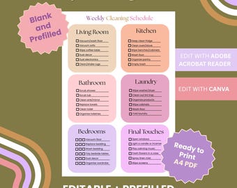 May include: A printable weekly cleaning schedule with sections for living room, kitchen, bathroom, laundry, bedrooms, and final touches. The schedule is editable and prefilled, with a ready-to-print A4 PDF option. The design features pastel colors.