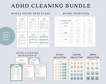 May include: Digital ADHD cleaning bundle with editable templates for whole house deep cleaning, blank templates, and worksheets. Includes 30-day declutter, digital declutter, and brain declutter guides. Available for instant download in A4 size.