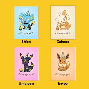 May include: Four colourful cards featuring cartoon Pok&eacute;mon characters. Each card has a different Pok&eacute;mon: Shinx, Cubone, Umbreon, and Eevee. Each character is wearing a party hat and holding a cupcake. The text "I Choose you!" is below each character.