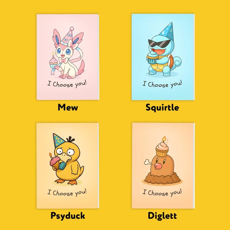 May include: Four colourful art prints showcasing cartoon characters with cupcakes and party hats. The prints feature Mew, Squirtle, Psyduck, and Diglett, with the text "I Choose you!" beneath each character.