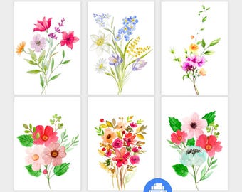 Cartões de felicitações florais, conjunto de 6 cartões para impressão, download digital, cartões em branco para todas as ocasiões, cartões dobrados 5x7