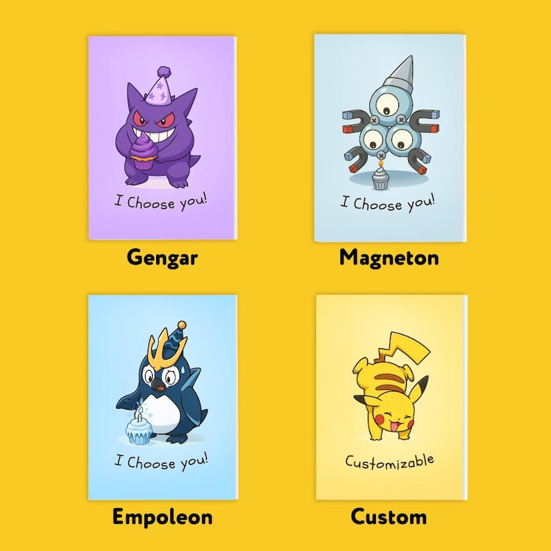 May include: Four illustrated cards with cartoon characters. Gengar, a purple ghost, holds a cupcake. Magneton, a robotic creature, and Empoleon, a penguin, also have cupcakes. A yellow Pikachu card is labeled "Customizable".