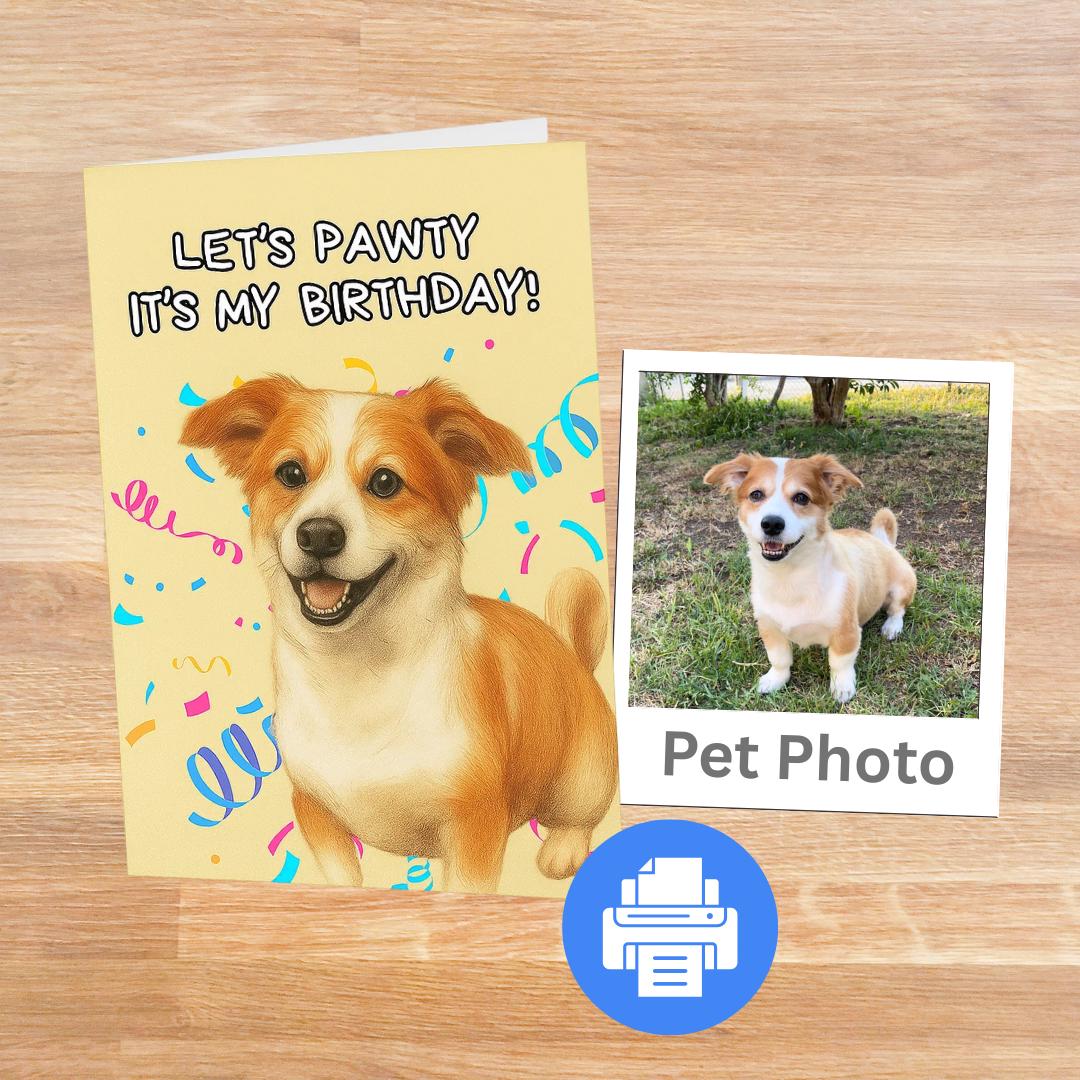 Cartão de aniversário personalizado para animal de estimação | Desenho de retrato personalizado para animal de estimação | Download digital Vamos comemorar, é meu aniversário!