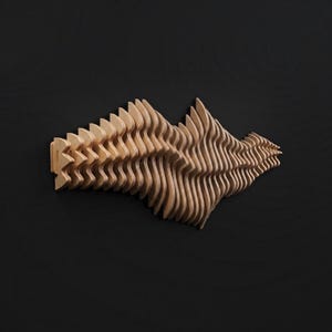 May include: A wall-mounted sculpture composed of numerous light-colored wooden slats arranged in a horizontal, undulating wave pattern. The individual pieces of plywood are layered to create a three-dimensional, rhythmic, and textured form.