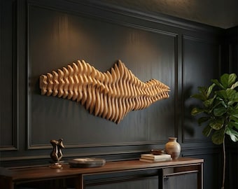 May include: A large, horizontal wall sculpture composed of numerous vertical, light-colored wooden slats arranged in a wavy, undulating pattern. The piece features a rhythmic, layered design that creates a sense of depth and movement across the surface.