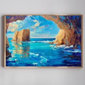 Blue sea Frame TV Art| Summer Art Digital Download | Cave Painting | Samsung Frame Tv Art | Neutral Frame Tv Painting | Summer Frame TV art