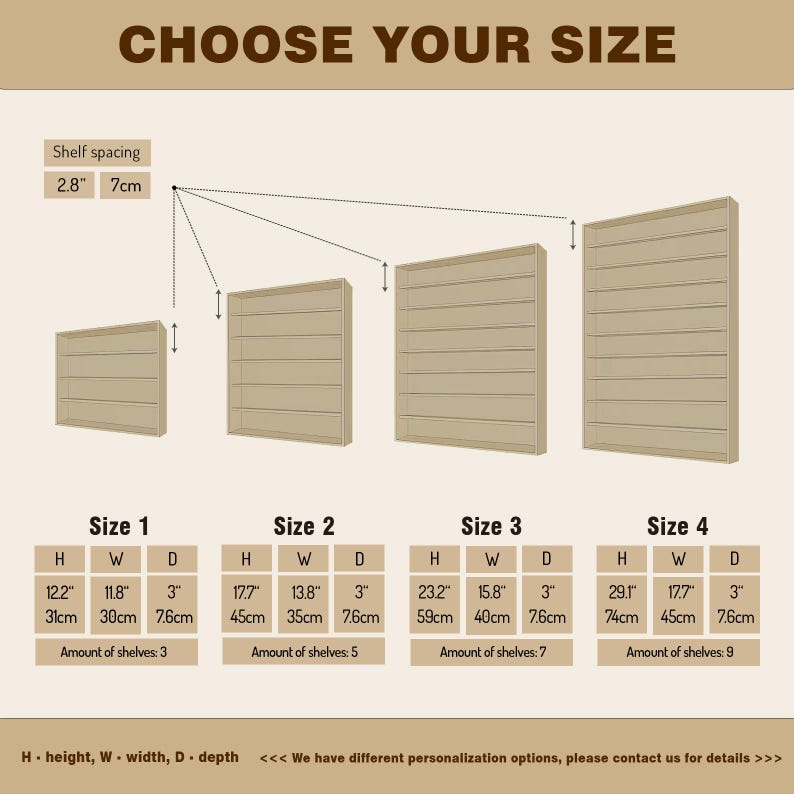 May include: Image showing four sizes of a wooden wall shelf, labeled Size 1 through Size 4. Dimensions are provided in inches and centimeters. The text "CHOOSE YOUR SIZE" is at the top. Shelf spacing is 2.8 inches (7cm).