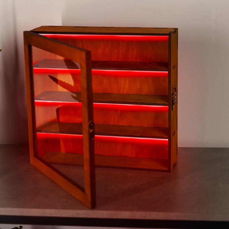 Display cabinet with glass door, Display shelf for collectibles, Display shelf case, Wood display case,Display case for figures,Wood cabinet image 2