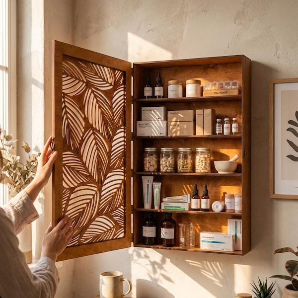 Drewniana szafka ścienna do łazienki, szafka ścienna na leki, rustykalna szafka łazienkowa, szafka ścienna z drzwiami, rzeźbiona drewniana szafka ścienna