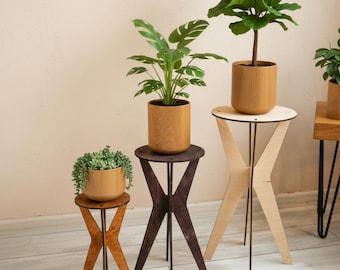 May include: A collection of wooden plant stands in varying heights and finishes. The stands feature a circular top and an X-shaped base with metal legs. The plants are in wooden pots. The stands are in shades of brown and natural wood.
