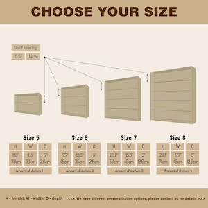 May include: Image showing four different-sized beige cabinets with varying dimensions. The text "CHOOSE YOUR SIZE" is at the top. Size 5 is 11.8" high, 11.8" wide, and 5" deep. Size 6 is 17.7" high, 13.8" wide, and 5" deep. Size 7 is 23.2" high, 15.8" wide, and 5" deep. Size 8 is 29.1" high, 17.7" wide, and 5" deep.
