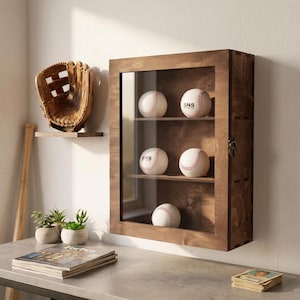 May include: A rectangular wooden display case with a glass front door and two internal shelves, containing five white baseballs with red stitching. The case features a metal latch on the right side and a dark brown wood grain finish throughout.