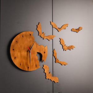 Reloj de pared con forma de murciélago, decoración de murciélago hecha a mano en madera, decoración de pared con forma de murciélago, reloj de pared de Halloween, vinilo decorativo de murciélago gótico para pared, reloj de pared gótico, reloj de pared de bruja