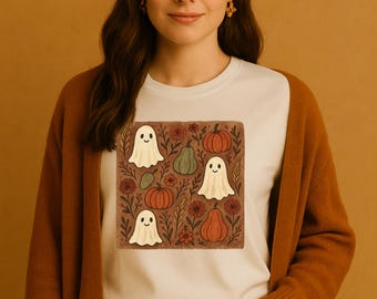 Cute Ghosts and Pumpkins Unisex Softstyle T-Shirt, Halloween Shirt, Fall Fashion, Cute Tee, Gift for Ghost Lovers, Casual Wear
