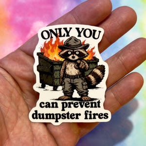 Op de afbeelding: Witte sticker met een cartoon wasbeer met een hoed die wijst. Achter de wasbeer staat een brandende vuilnisbak. De sticker heeft de tekst: "ONLY YOU can prevent dumpster fires."
