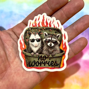 Geen zorgen, schattige sticker van een wasbeer en een opossum, grappige trendy meme, sarcastische humor over geestelijke gezondheid, vuilnisbakbrand, planner, koffiesticker