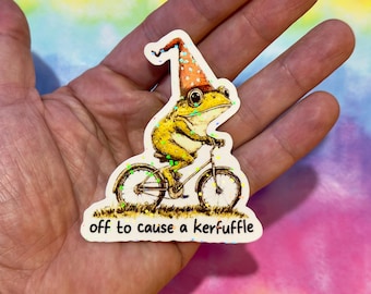 Off to cause a kerfuffle sticker, Funny Frog Wizard sticker, Funny Trendy Sticker, Magical Frog, Playful, Sorcerer, Meme sticker, Cute frog
