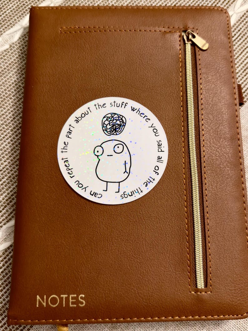 May include: A brown leather notebook with a gold zipper and the word "NOTES" embossed on the bottom left. A circular sticker with a cartoon figure and the text "Can you repeat the part about the stuff where you said all of the things" is on the cover.