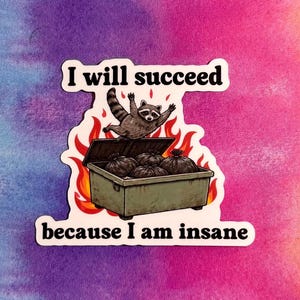 Op de afbeelding: Een sticker met een wasbeer die uit een brandende vuilnisbak springt. De tekst luidt: "I will succeed because I am insane". De achtergrond is een kleurrijke mix van paars, blauw, roze en oranje.