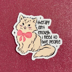 May include: A sticker featuring a cartoon cat with a pink bow, with the text "therapy isn't enough I need to bite people." The cat is beige with black outlines, set against a glittery red background.