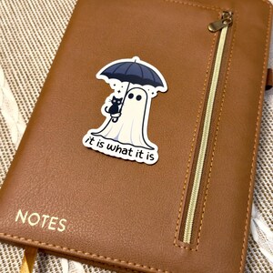 May include: A brown leather notebook with a zipper and the word "NOTES" embossed on the front. A sticker of a ghost holding an umbrella with a black cat is on the cover. The sticker has the text "it is what it is".
