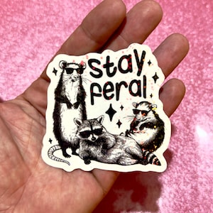 Op de afbeelding: Een gestanste sticker met een zwart-witillustratie van een staande opossum, een liggende wasbeer en een zittende opossum, die allemaal een zwarte zonnebril dragen. De tekst "stay feral" is in het zwart gedrukt met rode glitteraccenten.