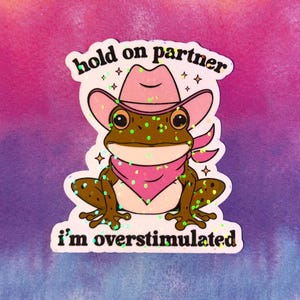 Puede incluir: Una pegatina con una rana de dibujos animados con un sombrero de vaquero rosa y un pañuelo. La rana tiene manchas marrones y ojos grandes. El texto de la pegatina dice "hold on partner" y "I'm overstimulated". El fondo es un lavado de acuarela rosa y morado.