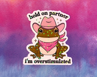 ¡Espera, compañero, estoy sobreestimulado! Pegatina divertida de rana vaquera, agenda, rana adorable, meme divertido y moderno, sarcástico, descarado, agenda, cuaderno