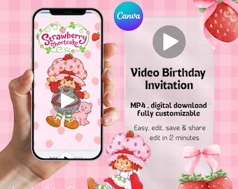 Strawberry Shortcake Birthday VIDEO Invitation digital Template: Editable Canva Design 1080px x 1920px, Digital Download