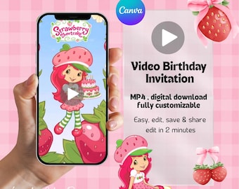 Strawberry Shortcake Birthday VIDEO Invitation digital Template: Editable Canva Design 1080px x 1920px, Digital Download