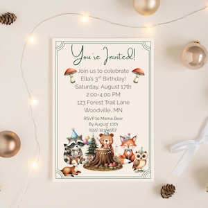 Modèle d'invitation d'anniversaire des bois | Toile d'invitation modifiable | Fête d'anniversaire animaux de la forêt | Faire-part d'anniversaire pour enfants à imprimer