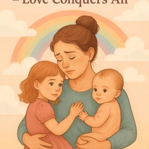 May include: Illustration of a woman holding two children, with a rainbow and clouds in the background. The text at the top reads: "Hope, Fight, Reunite - Love Conquers All."