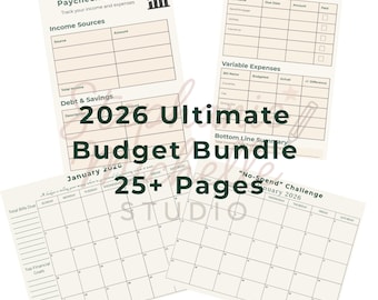 May include: A collection of beige budget planning pages. The pages include sections for income, expenses, debt, and savings. The text "2026 Ultimate Budget Bundle" and "25+ Pages" are visible. There are also calendar pages for January 2026.