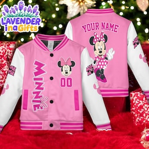 Custom Minnie Mouse Varsity Jacket, Personalized Disney Minnie Mouse Baseball Jacket, Minnie Mouse Kids Youth Adult Varsity Jacket