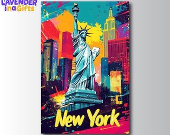 Póster de la ciudad de Nueva York - Decoración de pared estilo pop art con la Estatua de la Libertad - Impresión colorida del horizonte de Nueva York