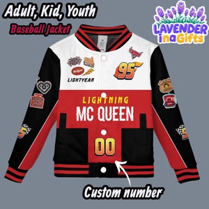 Lightning McQueen Baseball Jacket – Custom Name & Number Cars Varsity Jacket for Adult Kid Youth, Pixar Racing Outfit