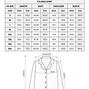 The image is a printed guide for a satin pajama shirt, providing measurements and bust, shoulder, and sleeve sizes for different US sizes.
