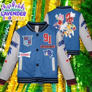 Custom Sonic Varsity Jacket, Personalized Sonic the Hedgehog Baseball Jacket, Kids Youth Adult Varsity Jacket
