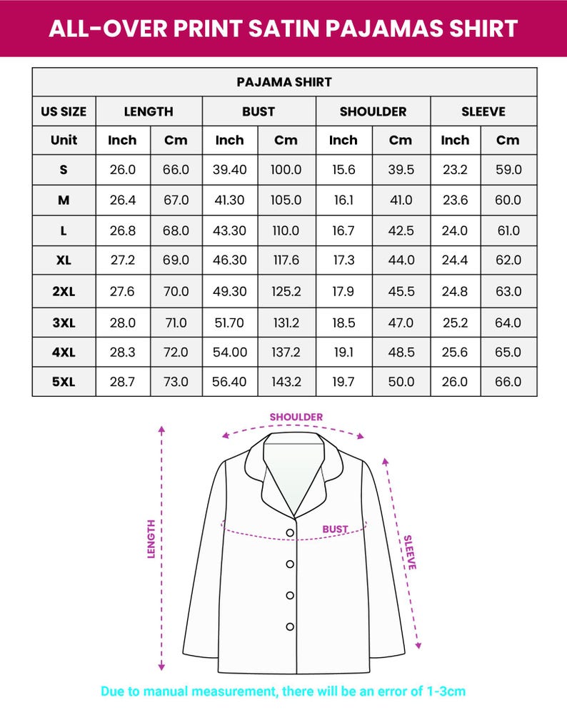 The image is a printed guide for a satin pajama shirt, providing measurements and bust, shoulder, and sleeve sizes for different US sizes.