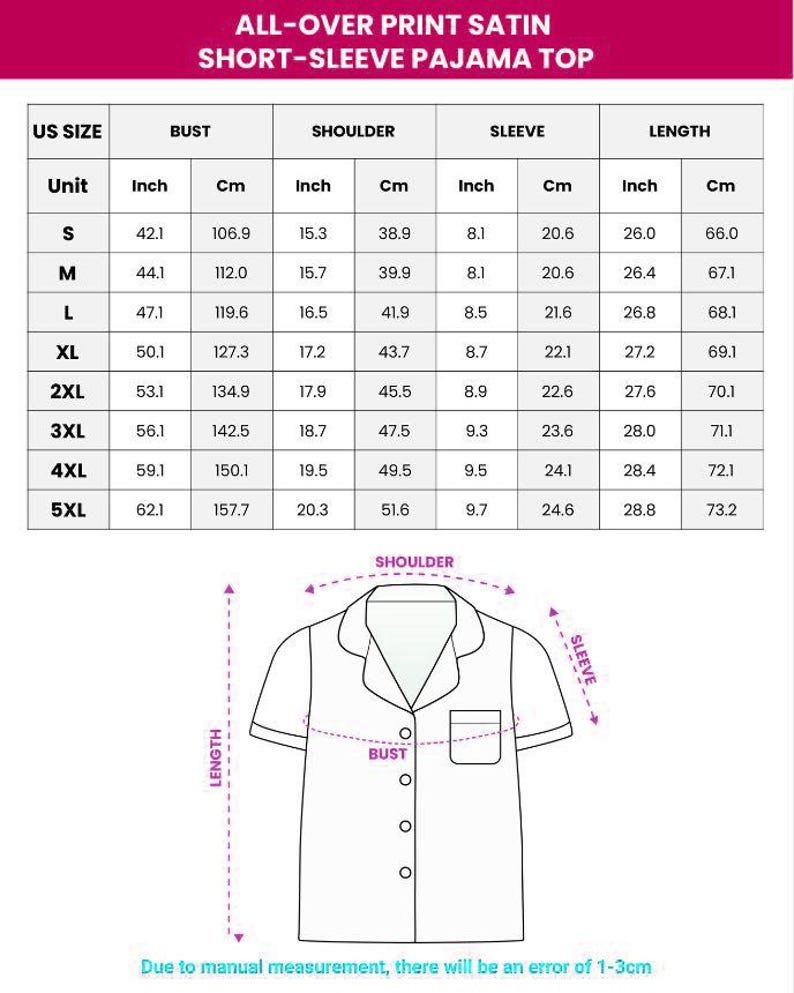 The image is a printed size chart for a short-sleeve pajama top, providing measurements for different US sizes.