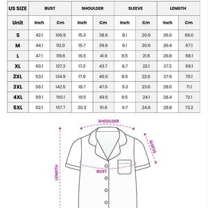 The image is a printed size chart for a short-sleeve pajama top, providing measurements for different US sizes.