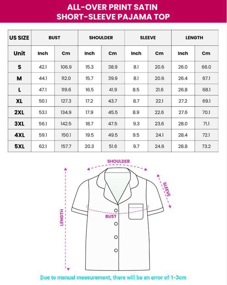 The image is a printed size chart for a short-sleeve pajama top, providing measurements for different US sizes.